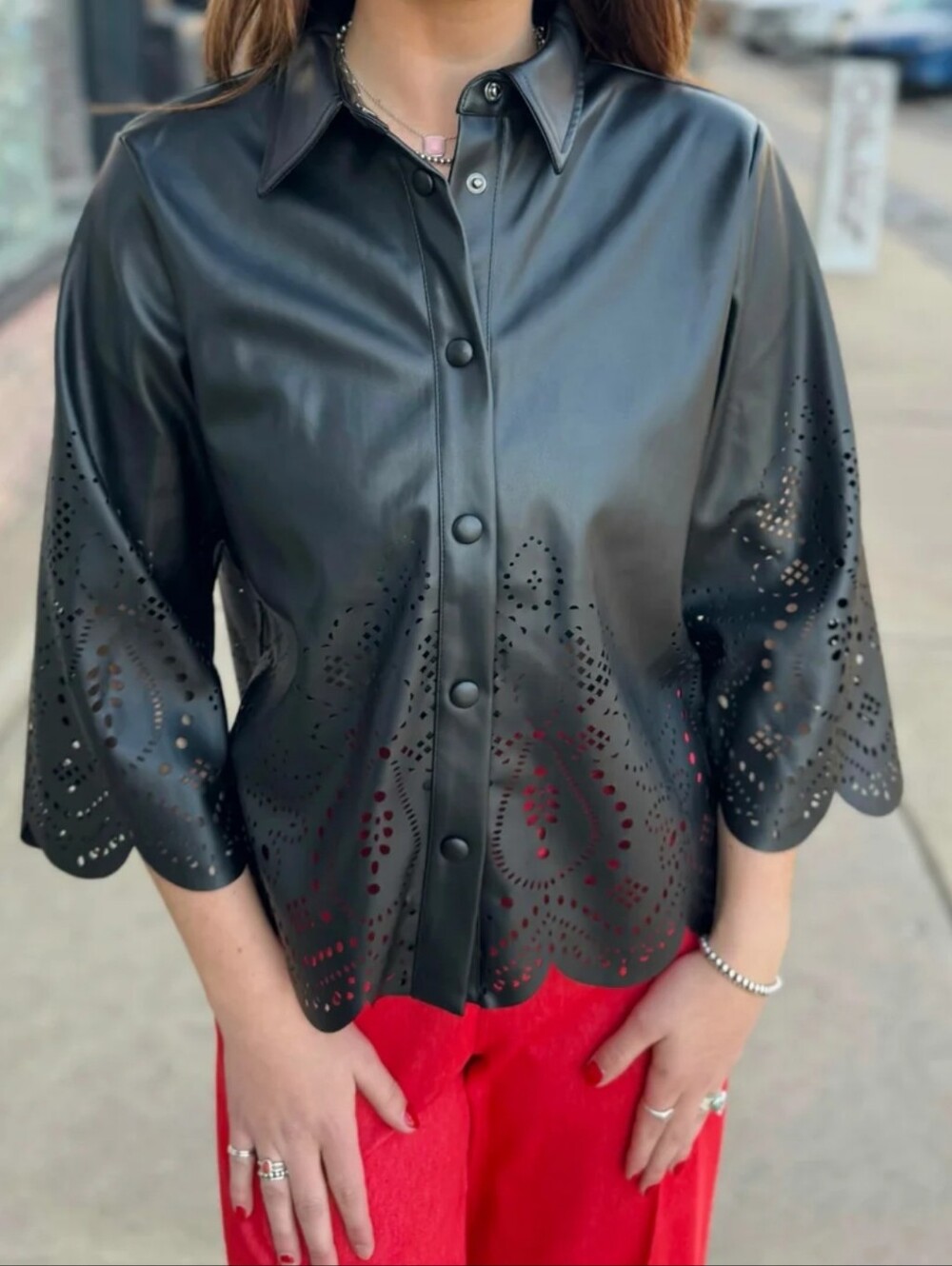 NWT b.young Bydensio Faux Leather Laser Cut Eyelet Jacket Shirt Black 36 S